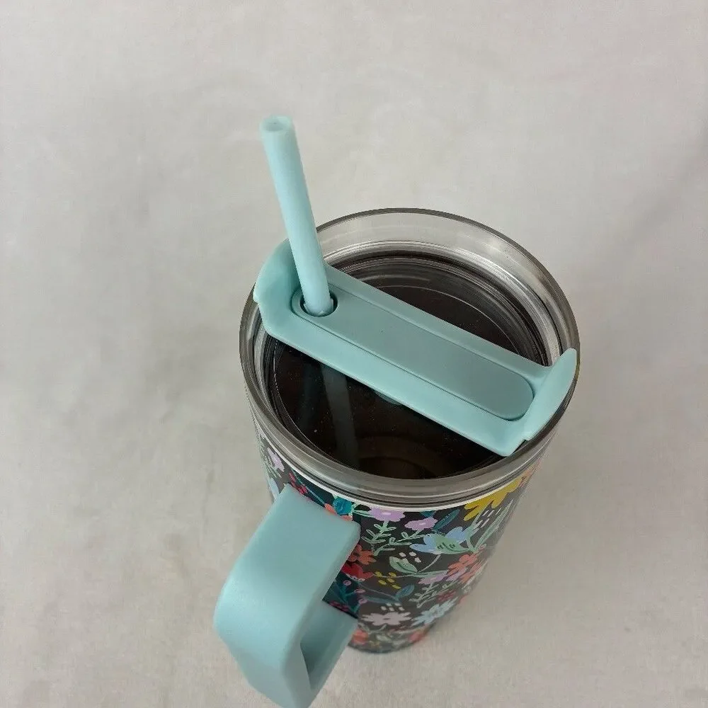 40oz Insulated Tumbler W/ Handle Lid Straw Blue Floral Wildflower Colorful